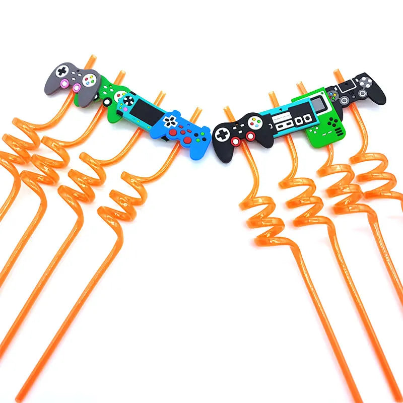 8pcs 26cm Reusable Game Controller Plastic Helical   Straws Gamepad Toys Straw Game Console Theme Kids Birthday Party Decor