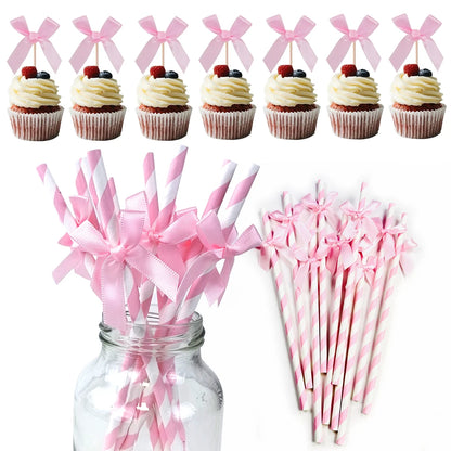 Bow Theme Party Supplies for Girl Pink Bow Cupcake Toppers Paper Drinking Straws Bridal Shower Bow Coquette Birthday Party Decor