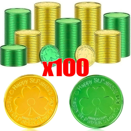 10-100Pcs St Patricks Day Prop Coins Green Gold Clover Lucky Shamrock Party Decoration Props Party Gifts Favors Green Coins Toys