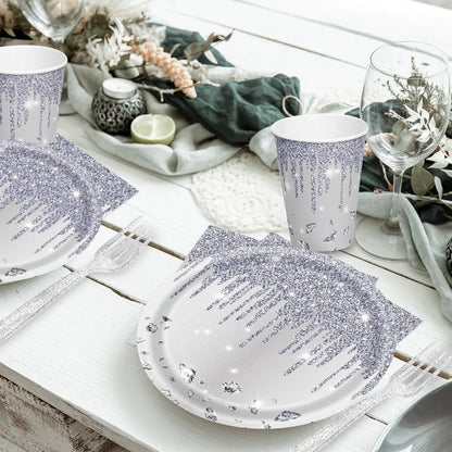 10Guests Silver Shiny Diamond Disposable Tableware Wedding Paper Plate Cups Napkin Happy Princess Birthday Party Decor