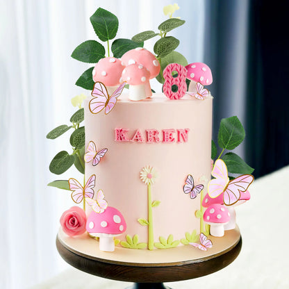 LaVenty Pink Mushroom House Cake Decoration Mushroom Cake Decoration Fairy Cake Decoration Garden Fairy Cake Decoration