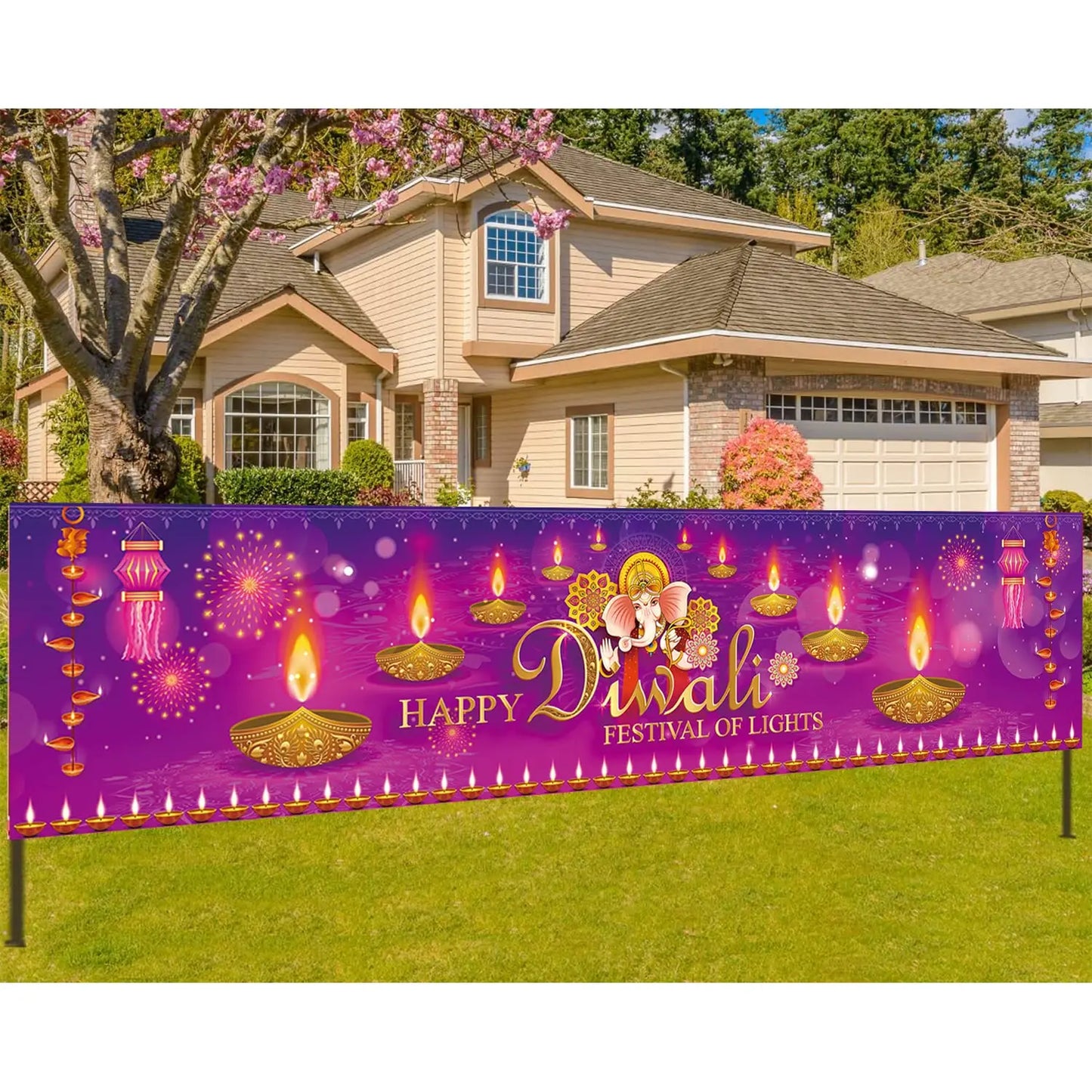 Happy Diwali Banner Festival of Lights Deepavali Polyester Banners with Grommets Party Supplies Yard Sign Garden Outdoor Decor