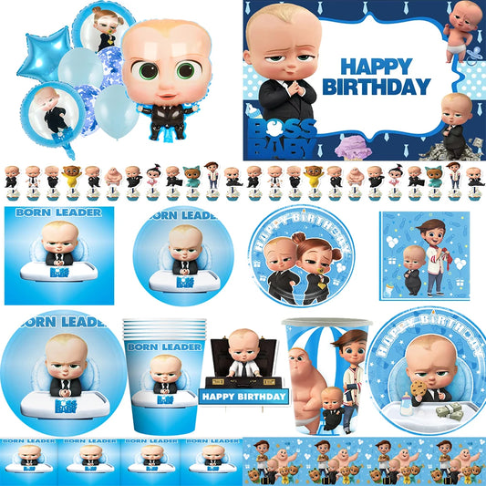Cartoon Boss-Boys-Girls Theme Newborn 1st Birthday Party Decor Disposable Tableware Backdrop Balloons Baby Shower For Kids Gifts