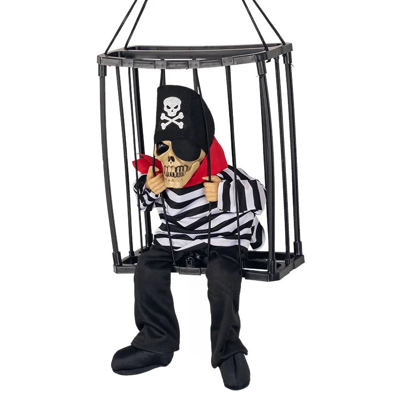 Halloween Decoration Prisoner Ghost In Cage Scary Skull Prop Electric Skeleton Toy Glowing Eye Sound Doll Hangable Talking Ghost
