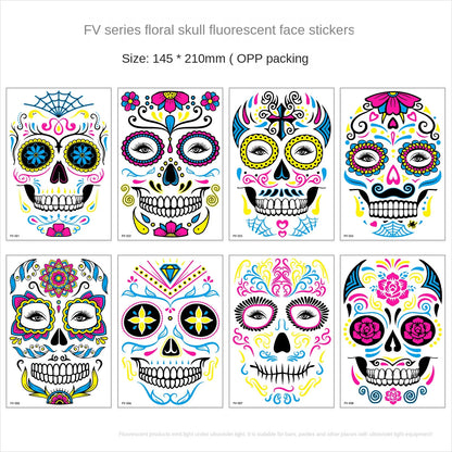 1/4/8PCS Waterproof Fluorescent Temporary Tattoo Neon Halloween Stickers Day of the Dead Party Festival Night Bar Face Stickers