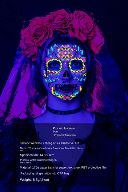 1/4/8PCS Waterproof Fluorescent Temporary Tattoo Neon Halloween Stickers Day of the Dead Party Festival Night Bar Face Stickers