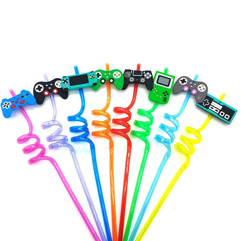 8pcs 26cm Reusable Game Controller Plastic Helical   Straws Gamepad Toys Straw Game Console Theme Kids Birthday Party Decor