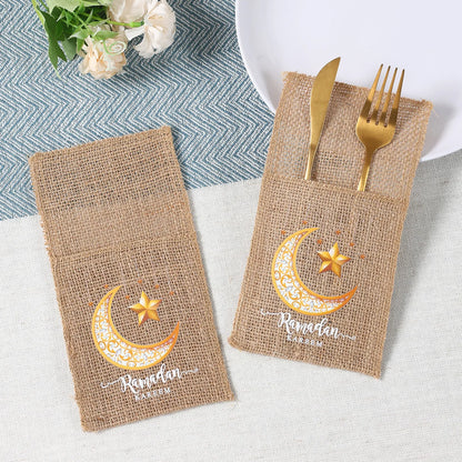 Eid Mubarak Burlap Cutlery Pouch Ramadan Decor for Home 2025 Table Decor Ramadan Kareem Islamic Muslim Party Eid Al-Fitr Gifts