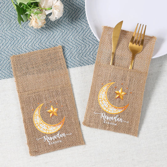Eid Mubarak Burlap Cutlery Pouch Ramadan Decor for Home 2025 Table Decor Ramadan Kareem Islamic Muslim Party Eid Al-Fitr Gifts