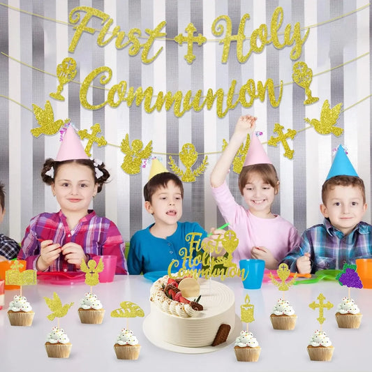 First Holy Communion Decorations First Primera Communion Banner Cake Topper Kit for Girls Boys Baptism Space Decorations