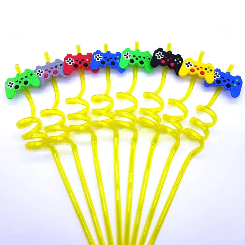 8pcs 26cm Reusable Game Controller Plastic Helical   Straws Gamepad Toys Straw Game Console Theme Kids Birthday Party Decor