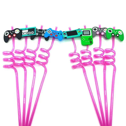 8pcs 26cm Reusable Game Controller Plastic Helical   Straws Gamepad Toys Straw Game Console Theme Kids Birthday Party Decor