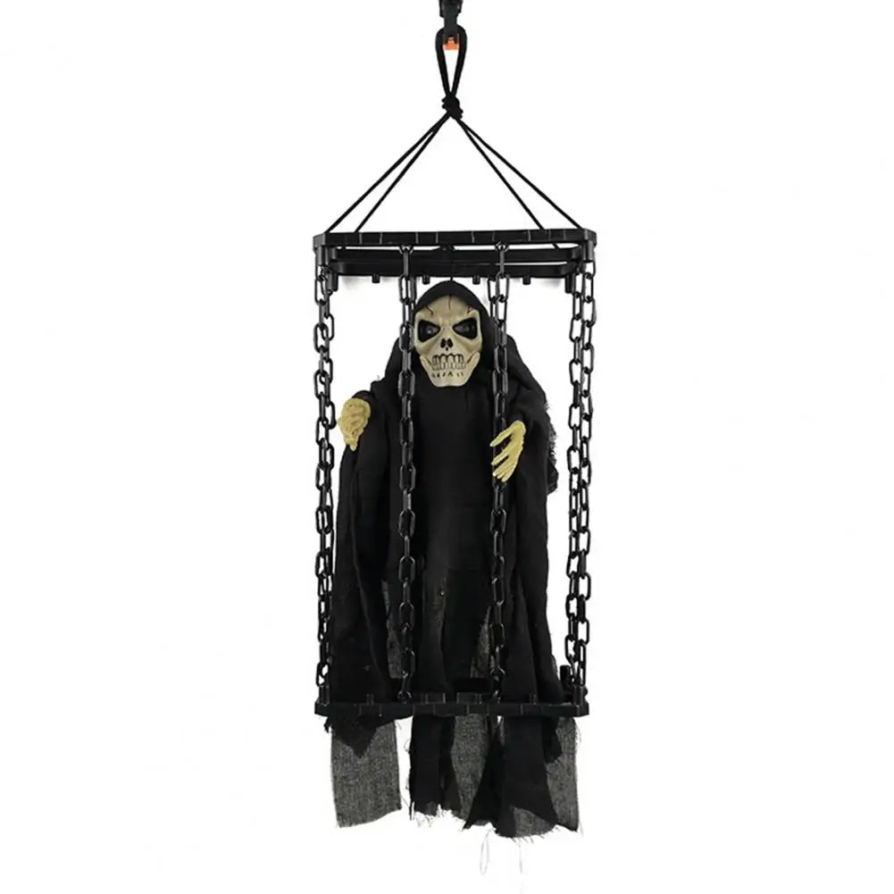 Halloween Outdoor Decoration Ghosts Skeleton Animated Ornament with Lighted Eyes Creepy Laughter Halloween Hanging Prisoner Cage