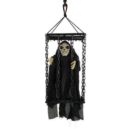 Halloween Outdoor Decoration Ghosts Skeleton Animated Ornament with Lighted Eyes Creepy Laughter Halloween Hanging Prisoner Cage