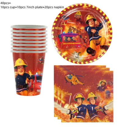 Firefighter Sam Party Supplies Plates Napkins Cups Tablecloth Banner Fire Truck Party Decorations Kids Boys Decor Supplies