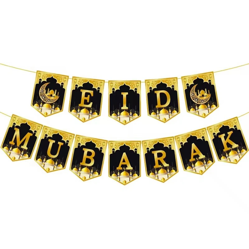 Eid Mubarak Paper Banner Garland 2025 Ramadan Moon Star Mosque Hanging Swirl Home Decoration Ornaments Islamic Muslim Party Gift