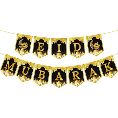 Eid Mubarak Paper Banner Garland 2025 Ramadan Moon Star Mosque Hanging Swirl Home Decoration Ornaments Islamic Muslim Party Gift