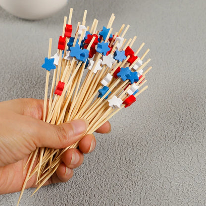 100Pcs Independence Day Theme Disposable Bamboo Food Picks Star Dessert Fruit Forks for 4th of July Birthday Party Decoration