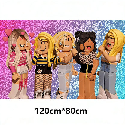 Pink Roblox Balloons Happy Birthday Banner Party Decoration Hot Robot Game Cake Topper Disposable Tableware Kids Girl Background