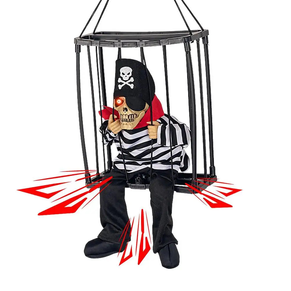 Halloween Decoration Prisoner Ghost In Cage Scary Skull Prop Electric Skeleton Toy Glowing Eye Sound Doll Hangable Talking Ghost