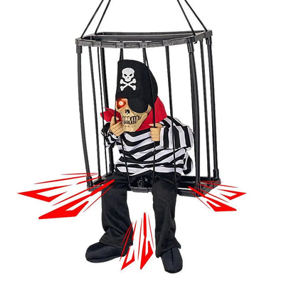 Halloween Decoration Prisoner Ghost In Cage Scary Skull Prop Electric Skeleton Toy Glowing Eye Sound Doll Hangable Talking Ghost