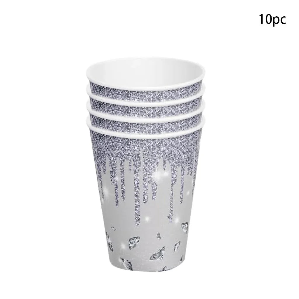 10Guests Silver Shiny Diamond Disposable Tableware Wedding Paper Plate Cups Napkin Happy Princess Birthday Party Decor