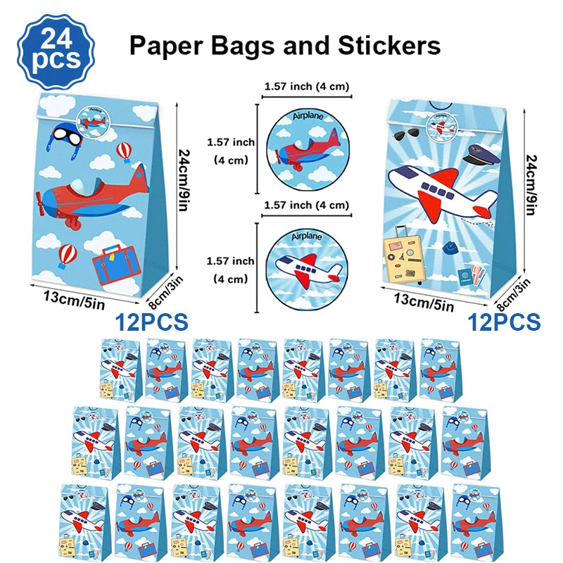 12/24Pcs Airplane Party Favor Bags Gift Goodies Treat Paper Bags With Stickers Kids Boy Flight Aviator Birthday Party Decoration