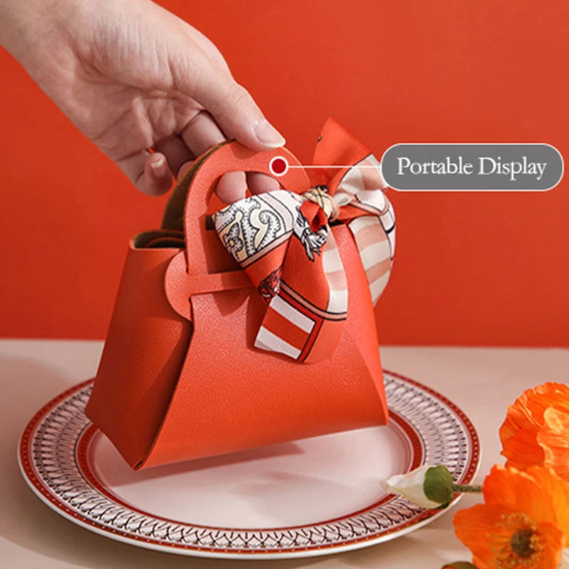 1PC Leather Gift Bags Bow Ribbon Packaging Bag Wedding Favour Distributions Bags Eid Mubarak Candy Packaging Box Mini Handbag