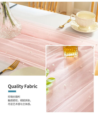 Pink Gauze Table Runner Romantic Pearl Mesh Tablecloth Wedding Dinning Table Cover Decoration Birthday Baby Shower Party Decor