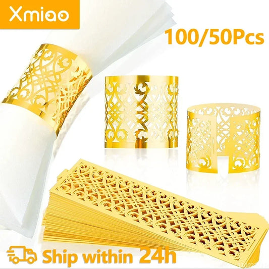 100/50Pcs Napkin Ring Hollow Pattern Gold and Silver Napkin Ring Wedding Party Table Decoration Supplies Wedding Decoration