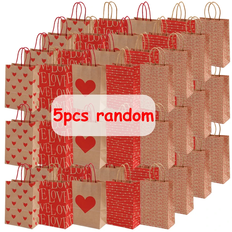 5/10pcs Valentine's Day Kraft Paper Bag Party Small Gift Packaging Bag 15x8x21cm LOVE Heart Style Gift Bag Party Favor Supplies