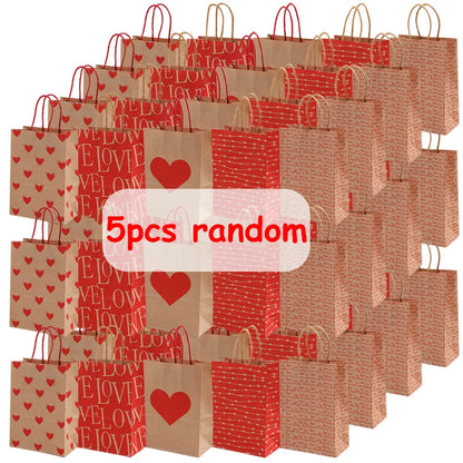 5/10pcs Valentine's Day Kraft Paper Bag Party Small Gift Packaging Bag 15x8x21cm LOVE Heart Style Gift Bag Party Favor Supplies