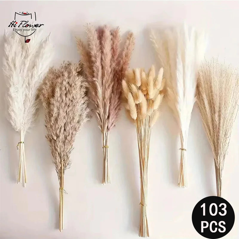 165PCS Pampas Grass Dried Flowers Boho Farmhouse Country Wedding Home Room Decor Bouquet Bunny Tail Grass DIY Artificial Flowers