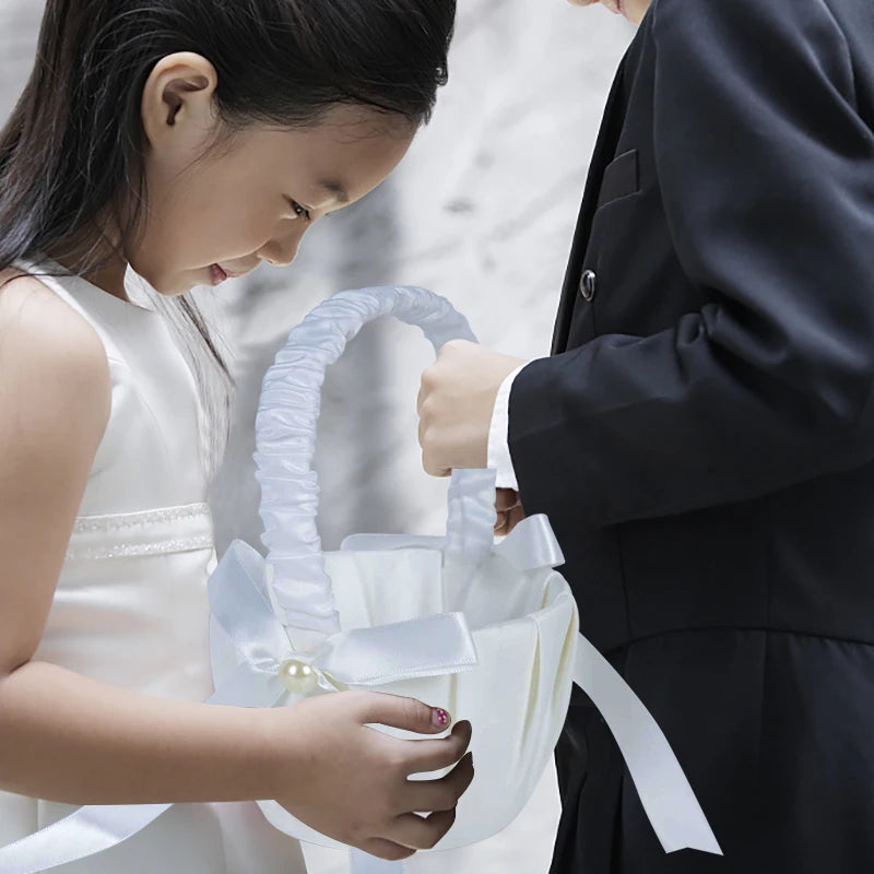 20 cm White Flower Girls Basket Silk Wedding Basket for Flower Bride/Kids Hand Held Wedding Ceremony Party Decorations