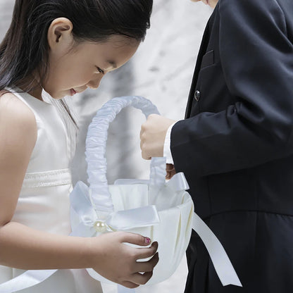 20 cm White Flower Girls Basket Silk Wedding Basket for Flower Bride/Kids Hand Held Wedding Ceremony Party Decorations