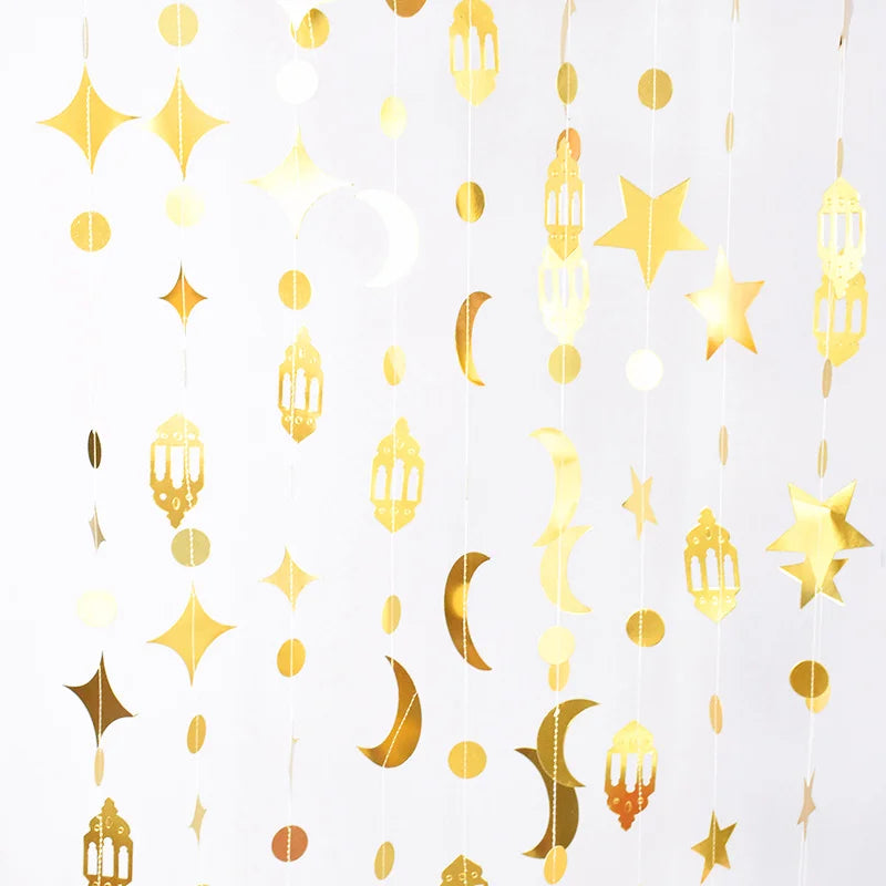 Gold Star Moon Circle Dot Crescent Lamp Eid Paper Garland Gold Mubarak Ramadan Streamer Backdrop Muslim Party Banner Decorations