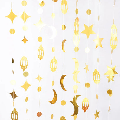 Gold Star Moon Circle Dot Crescent Lamp Eid Paper Garland Gold Mubarak Ramadan Streamer Backdrop Muslim Party Banner Decorations