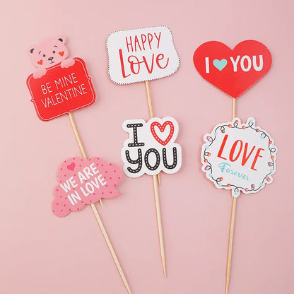 Heart Bear Cake Topper Toppers Flag I Love You Happy Valentine's Day Anniversary Baking Cake Dessert DIY Decor Party Supplies