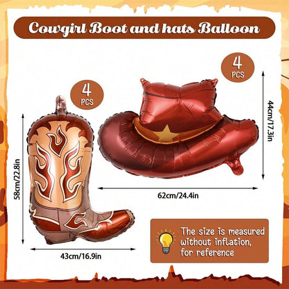 8pcs western themed party balloons, including cowboy boots and cowboy hat balloons, western themed birthday, bachelorette party