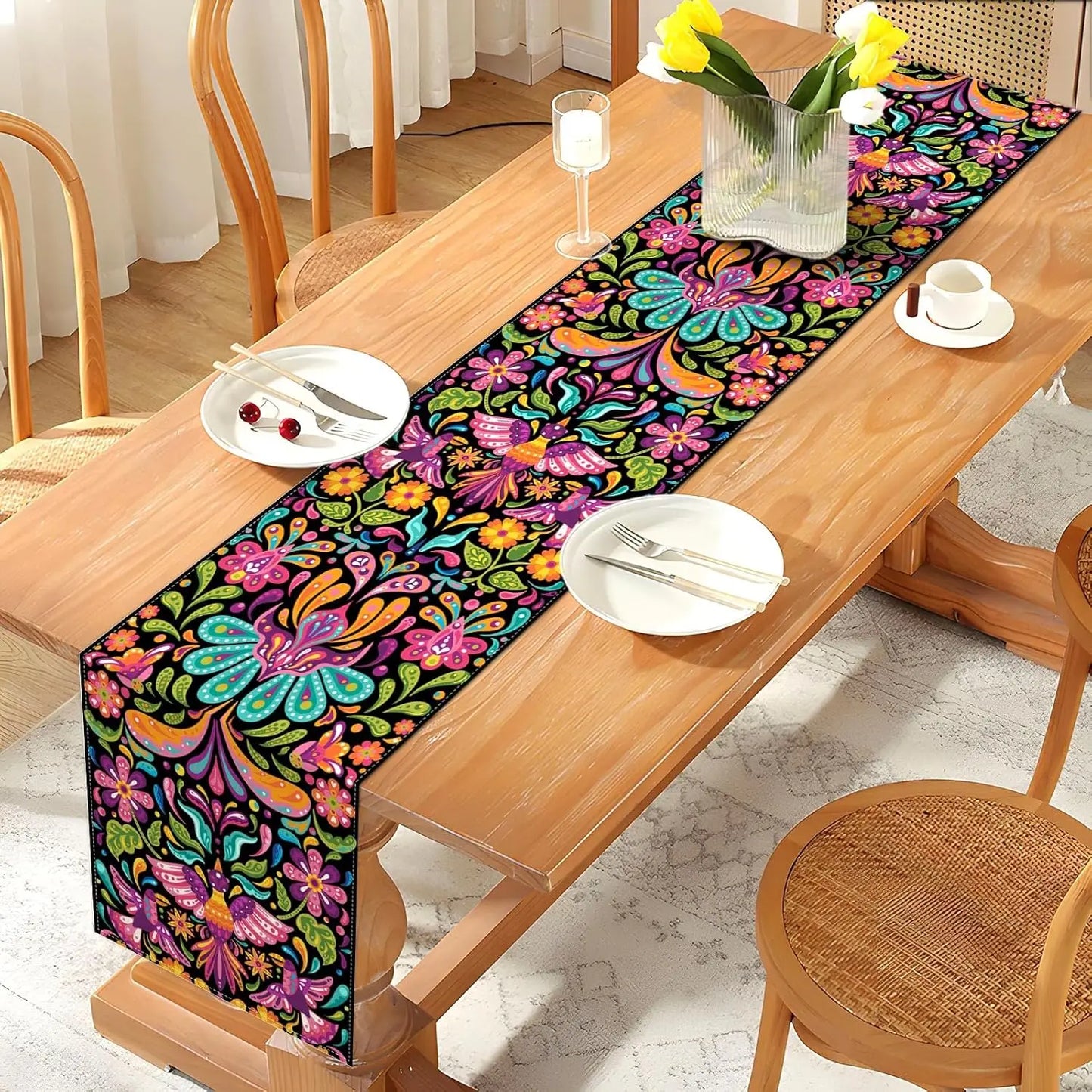 Mexican Day of The Dead  Linen Table Runners Dresser Scarf Mexico Dia De Los Muertos Table Runner for Kitchen Dining Table Decor