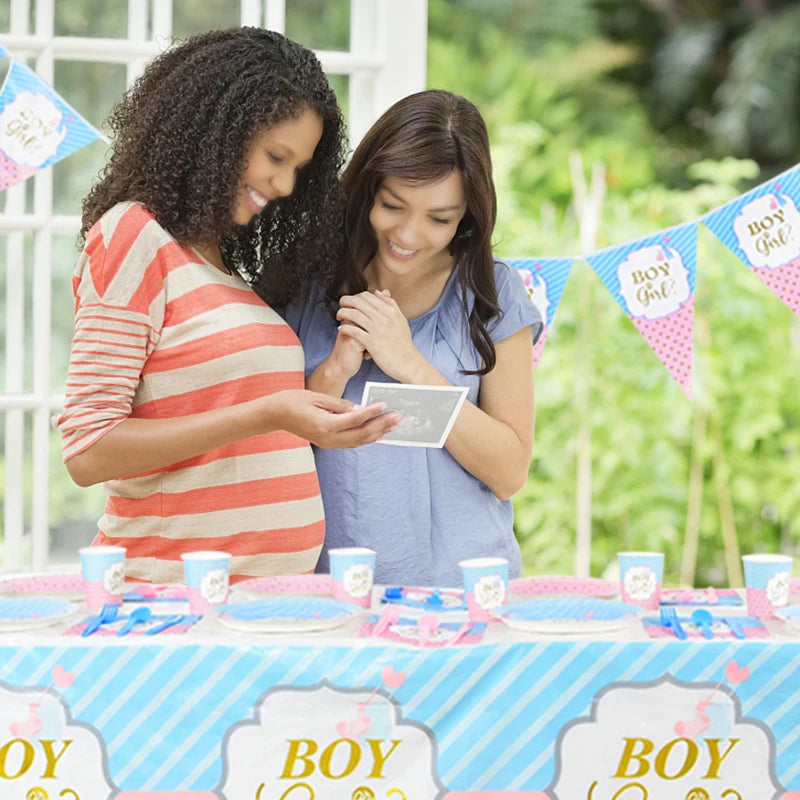 Gender Reveal Disposable Tableware Pink Blue Boy or Girl Plate Napkin Cup Tablecloth Baby Shower Party Table Decoration Supplies
