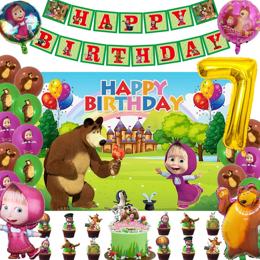 Cartoon Girl-Mashas-And Bear Kids Birthday Party Digital Balloon Banner Background Cake Topper Decoration Supplies Baby Gifts
