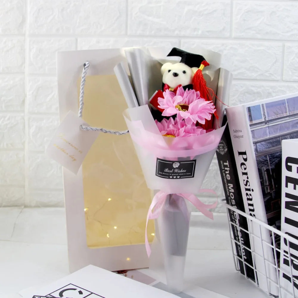 New Sunflower Bear Bouquet Bouquet Decoration Rose Sunflower Soap Flower Graduation Gift Valentine'S Day Cartoon Lovely Bear