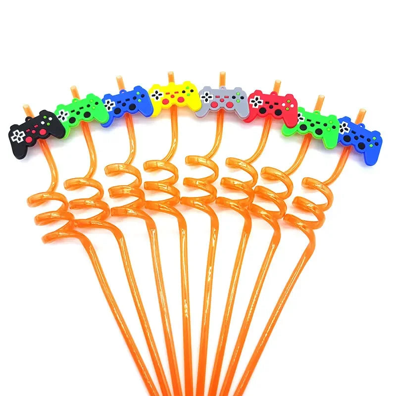 8pcs 26cm Reusable Game Controller Plastic Helical   Straws Gamepad Toys Straw Game Console Theme Kids Birthday Party Decor