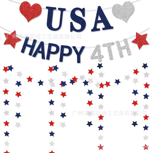American Independence Day Party Home Decoration Glitter Silver Blue Red Happy 4th USA Letters Heart Stars Hanging Paper Garlands