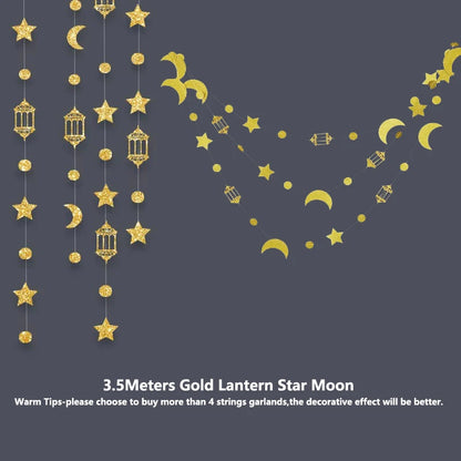 Gold Star Moon Circle Dot Crescent Lamp Eid Paper Garland Gold Mubarak Ramadan Streamer Backdrop Muslim Party Banner Decorations