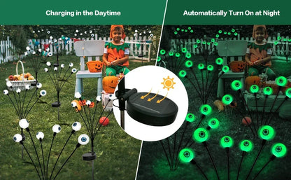 2024 Halloween Outdoor Solar Powered Scary Eyeball Lights Led Green Eyeball Blinking Firefly Lights Waterproof Solar Path Lights