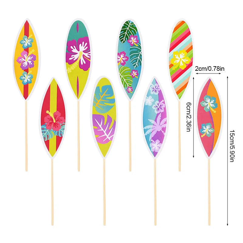 8/16Pcs Hawaiian Surfboard Cupcake Topper for Tropical Summer Luau Birthday Party Cake Decoration Beach Pool Wedding Supplies