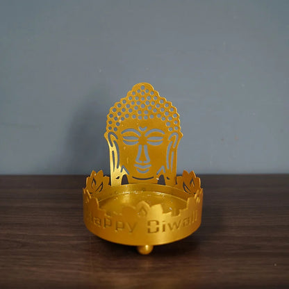 1Pc Art Metal Buddha Statue Candle Holder Crafts Home Decoration Hollow Shadow Diwali Festival Fortune Candle Lamp