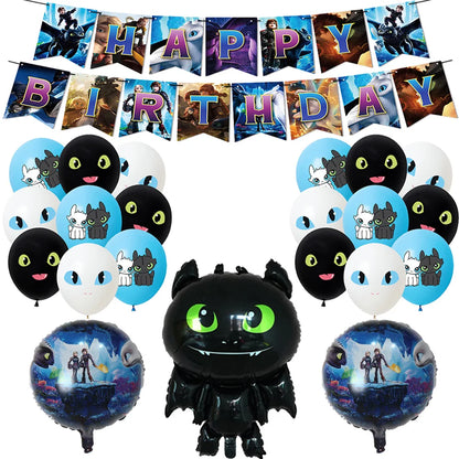 1set How Train Dragon Balloons No Teeth Toothlessing Green Eye Black Loong Party Decoration Happy Birthday Banner Cake Topper